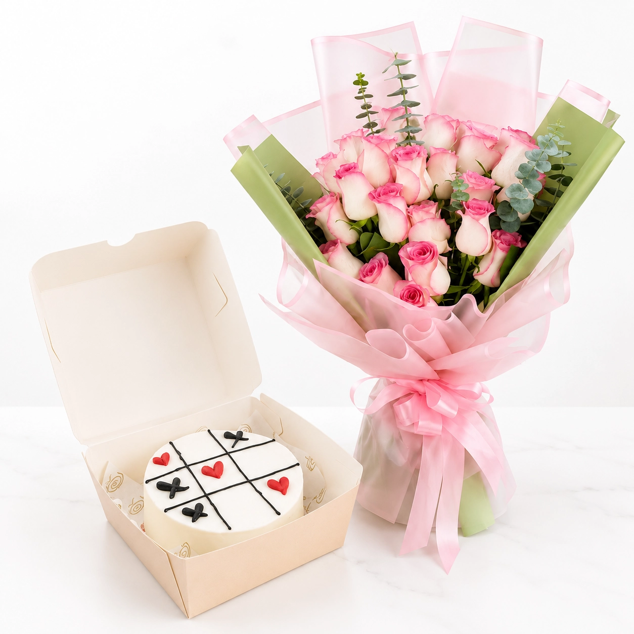 21 Pink Revival Roses + Romantic Bento Cake-2